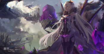 Rule 34 | 1girl, absurdres, artist name, bare shoulders, black fur, black thighhighs, breasts, cleavage, closed mouth, commentary, day, elbow gloves, floating, formal clothes, from side, fur trim, gloves, glowing, glowing eyes, hair ornament, highres, honkai (series), honkai impact 3rd, kiana kaslana, kiana kaslana (herrscher of the void), looking at viewer, looking down, looking to the side, medium breasts, orange eyes, outdoors, qtian, shade, solo, suit, thighhighs, white hair, wings