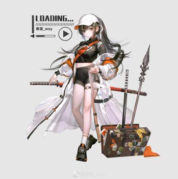 1girl absurdres bag baseball_cap black_shirt black_shoes black_shorts briefcase brown_bag brown_eyes coat crop_top cropped_shirt cross-laced_shoes double-parted_bangs earclip expressionless grey_background grey_hair hat high_ponytail highres katana long_hair long_sleeves looking_at_viewer midriff multicolored_eyes off_shoulder open_bag orange_eyes original polaroid_photo polearm ponytail see-through_clothes see-through_coat shirt shoes short_shorts shorts simple_background socks solo standing swept_bangs sword thigh_strap tsuka-ito turtleneck two-tone_eyes very_long_hair watermark weapon weibo_username weibo_watermark white_hat white_socks wxy
