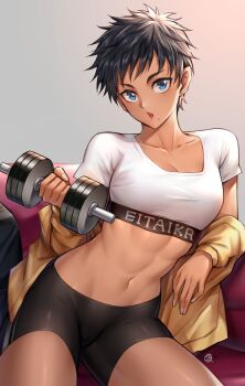 1girl abs absurdres bike_shorts black_hair black_shorts blue_eyes blush breasts clothes_pull clothes_writing collarbone cowboy_shot crop_top dark-skinned_female dark_skin earrings exercising fingernails groin hand_up highres holding hua-j jacket jacket_pull jewelry looking_at_viewer medium_breasts midriff mole mole_under_mouth muscular muscular_female navel one-punch_man open_clothes open_jacket open_mouth shirt short_hair short_sleeves shorts sitting solo spiked_hair star_(symbol) star_earrings stud_earrings suiko_(one-punch_man) tomboy toned very_short_hair weightlifting weights white_shirt yellow_jacket