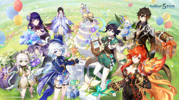 3boys 6+girls aether_(genshin_impact) ahoge anniversary balloon biker_clothes bikesuit black_bodysuit black_gloves black_hair bodysuit breasts closed_eyes columbina_(genshin_impact) commentary earrings english_commentary english_text furina_(genshin_impact) genshin_impact gloves head_wings highres jewelry long_hair long_sleeves lumine_(genshin_impact) mavuika_(genshin_impact) multicolored_hair multiple_boys multiple_girls nahida_(genshin_impact) official_art orange_eyes orange_hair outdoors paimon_(genshin_impact) raiden_shogun red_hair smile trait_connection two-tone_hair venti_(genshin_impact) very_long_hair wings zhongli_(genshin_impact)