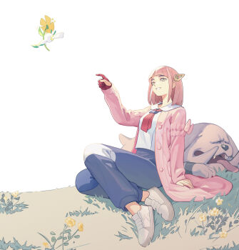 1girl absurdres blue_pants blueberry_academy_school_uniform cardigan floette floette_(yellow_flower) gen_2_pokemon gen_6_pokemon gloves granbull highres lacey_(pokemon) nintendo pants partially_fingerless_gloves pink_cardigan pink_hair pokemon pokemon_(creature) pokemon_sv rongyuanfeida sailor_collar school_uniform shoes sitting smile sneakers thick_eyebrows white_background