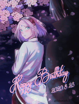 1boy 1girl absurdres black_cape black_hair blush boruto:_naruto_next_generations cape cherry_blossoms clipboard cloud cloudy_sky coat dated green_eyes happy_birthday haruno_sakura highres holding holding_clipboard konohagakure_symbol long_sleeves looking_at_another mochiii-s naruto_(series) night petals pink_hair short_hair sky twitter_username uchiha_sasuke white_coat