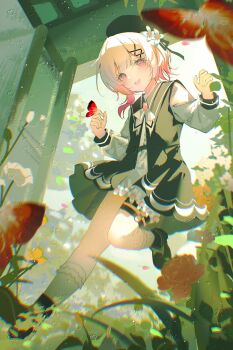 1girl absurdres artist_request beret black_dress black_hat black_shoes bug butterfly commentary_request commission day dress flower full_body gradient_hair grass hair_flower hair_ornament hat highres insect long_sleeves looking_at_viewer mahou_shoujo_no_majo_saiban multicolored_hair o-ring o-ring_thigh_strap open_mouth outdoors pink_eyes pink_hair red_butterfly sakuraba_ema second-party_source shoes short_hair shorts smile socks solo standing standing_on_one_leg thigh_strap white_flower white_hair white_shorts white_socks x_hair_ornament