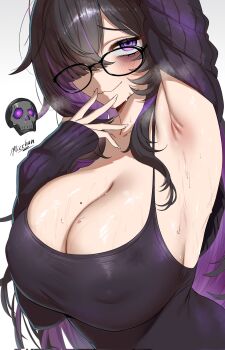 1girl armpits bags_under_eyes black-framed_eyewear black_cardigan black_dress black_hair breasts cardigan colored_inner_hair commentary covered_erect_nipples dress english_commentary floating_skull glasses goddess_of_victory:_nikke hair_over_one_eye highres huge_breasts label_(nikke) long_hair looking_at_viewer micchan_(micchanmeido) mole mole_on_breast multicolored_hair purple_eyes purple_hair purple_streaks smile solo sweat taut_clothes taut_dress