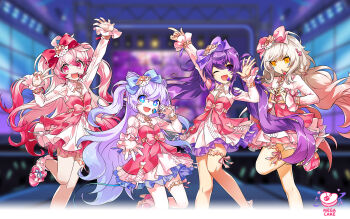 +_+ 4girls :o aisha_landar arm_up audience blue_eyes blue_hair blurry blurry_background bow bow_legwear bracelet braid center_frills collared_dress cross-laced_clothes cross-laced_dress depth_of_field dot_nose dress elsword eve_(elsword) feet_out_of_frame footwear_bow frilled_sleeves frilled_socks frilled_thigh_strap frills game_cg glowstick gold_bracelet gradient_eyes gradient_hair grey_hair hair_between_eyes hair_bow hair_tie happy headset heart heart_hands heart_print high_collar high_heels highres hwansang idol jewelry laby_(elsword) layered_dress logo long_hair long_sleeves low_twintails luciela_r._sourcream marking_on_cheek multicolored_eyes multicolored_hair multiple_girls night night_sky offering_hand official_alternate_costume official_art one_eye_closed open_mouth outdoors outstretched_hand penlight_(glowstick) pink_bow pink_dress pink_eyes pink_hair pink_shoes platform_shoes pumps purple_bow purple_eyes purple_hair purple_ribbon ribbon second-party_source sharp_teeth shoes single_braid sky sleeve_ribbon sleeves_past_wrists smile socks sparkling_eyes spotlight stage swept_bangs tareme teeth thigh_strap tsurime twintails two_side_up upper_teeth_only v very_long_hair waist_bow wavy_hair white_dress yellow_eyes