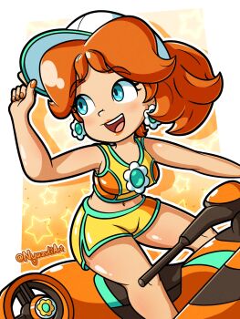 Rule 34 | 1girl, :d, aqua trim, artist name, baseball cap, blue eyes, breasts, brown hair, earrings, flower earrings, hat, highres, jet ski, jewelry, lipstick, looking afar, makeup, mario (series), mario kart, mario kart world, medium breasts, nail polish, nintendo, nyazuliart, on jet ski, open mouth, orange nails, princess daisy, princess daisy (swimwear) (mario kart world), shiny skin, short shorts, shorts, sleeveless, smile, solo, sports bra, teeth, upper teeth only, watercraft, white hat, yellow shorts, yellow sports bra