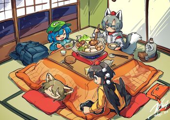 4girls :3 absurdres alternate_costume animal_ears backpack bag bird_wings blonde_hair blue_bag blue_hair blue_shirt bottle bowl brown_wings camera chopsticks closed_eyes closed_mouth commentary_request commission doggo_1d34 food fox_ears fox_girl fusuma green_hat grey_hoodie hair_bobbles hair_ornament hat highres holding holding_bowl hood hoodie hotpot indoors inubashiri_momiji kawashiro_nitori kotatsu kudamaki_tsukasa long_sleeves medium_hair multiple_girls mushroom open_mouth pointy_ears pom_pom_(clothes) red_eyes red_hat sake_bottle shameimaru_aya shirt short_hair signature skeb_commission sliding_doors smile sweater table tail tatami tofu tokin_hat touhou twitter_username under_kotatsu under_table vegetable wings wolf_ears wolf_girl wolf_tail yellow_sweater