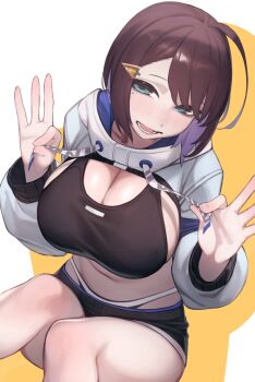 Rule 34 | 1girl, ahoge, aqua eyes, black hair, black shorts, black sports bra, blush, breasts, chorogon, colored inner hair, commentary request, drawstring, hair ornament, hairclip, highres, hooded shrug, large breasts, long sleeves, looking at viewer, mole, mole under eye, multicolored hair, open mouth, original, panties, purple hair, short hair, shorts, shrug (clothing), simple background, solo, sports bra, underwear, white panties, white shrug