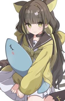 Rule 34 | 1girl, animal ears, blonde hair, brown hair, brown sailor collar, cardigan, cat ears, commission, etoria, highres, indie virtual youtuber, long hair, looking at viewer, low twintails, neckerchief, paw print, raifa (vtuber), sailor collar, simple background, sitting, skeb commission, solo, stuffed toy, twintails, virtual youtuber, white background, yellow cardigan, yellow eyes, yellow neckerchief