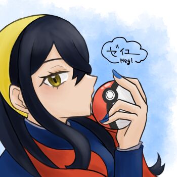 1girl appleberry9 black_hair blue_background blue_jacket blue_nails carmine_(pokemon) colored_inner_hair crossed_bangs derivative_work eyelashes from_side hair_between_eyes hairband highres holding holding_poke_ball jacket long_hair long_sleeves looking_at_viewer multicolored_hair nintendo poke_ball poke_ball_(basic) pokemon pokemon_sv red_hair solo two-tone_hair upper_body yellow_eyes yellow_hairband
