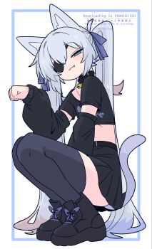 1boy :3 animal_ear_fluff animal_ears bell black_collar black_shirt black_shoes black_skirt black_sleeves blue_bow blue_eyes blue_hair bow cat_boy cat_ears cat_tail collar collarbone colored_tips commentary cropped_shirt crossdressing crossdressing_(mtf) detached_sleeves double-parted_bangs eyepatch fang fish_skeleton fish_skeleton_print flipped_hair from_side full_body grey_thighhighs hair_between_eyes hair_bow hair_intakes hand_up head_tilt highres jingle_bell long_hair looking_at_viewer male_focus midriff miniskirt multicolored_hair narrowed_eyes neck_bell no_nose one_eye_covered op_na_yarou original paw_pose pleated_skirt print_shirt puffy_detached_sleeves puffy_sleeves quad_tails red_hair rigel_(op_na_yarou) shirt shoes short_sleeves sidelocks simple_background skirt smile solo squatting straight_hair t-shirt tail thighhighs thighs trap very_long_hair watermark white_background white_hair