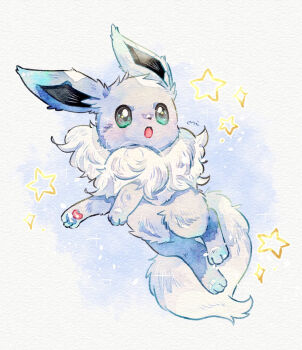 Rule 34 | :o, alternate color, aqua eyes, blue background, eevee, floating, full body, gen 1 pokemon, gradient background, grey fur, highres, looking to the side, miketoevecan, nintendo, no humans, open mouth, outstretched arms, paper texture, pokemon, pokemon (creature), radial gradient background, shiny pokemon, solo, sparkling eyes, star (symbol), watercolor effect, white background, white tail