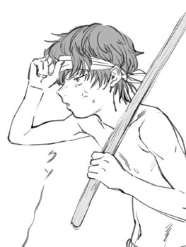 1boy anger_vein headband highres holding holding_stick male_focus monochrome nipples original profile short_hair sibelius sketch solo stick topless_male upper_body white_background