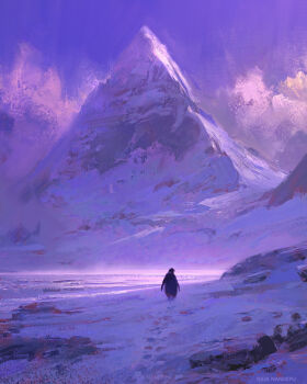 absurdres animal animal_focus artist_name bird commentary english_commentary footprints highres mountain no_humans original outdoors penguin purple_sky raja_nandepu scenery sky snow