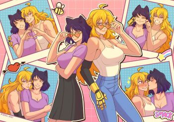 2girls ahoge animal_ears bare_shoulders bee black_hair black_skirt blake_belladonna blonde_hair blush breasts bug cat_ears cheek_pull denim hug insect jeans kiss kissing_cheek large_breasts long_hair looking_at_viewer making_faces multiple_girls pants photo_album prosthesis prosthetic_arm purple_eyes rwby short_hair skirt smile sunglasses tank_top wavy_hair white_tank_top yang_xiao_long yellow_eyes yellow_nicky yuri