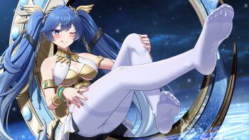 1girl :q absurdres ahoge ancient_greek_clothes armlet bare_shoulders barefoot blue_eyes blush breasts chinese_commentary cleavage closed_mouth commentary_request feet full_body gold_bra gradient_hair greco-roman_clothes highres iuno_(wuthering_waves) jewelry large_breasts laurel_crown lemon_kele long_hair looking_at_viewer multicolored_hair one_eye_closed outstretched_leg pantyhose partial_commentary smile soles solo thighband_pantyhose thighs toes tongue tongue_out twintails vambraces very_long_hair white_pantyhose wuthering_waves