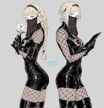 2girls android ass black_gloves blonde_hair blue_eyes boots braid breasts cleavage contrapposto covered_mouth cowboy_shot detached_sleeves fishnet_pantyhose fishnet_sleeves fishnets flower gloves grey_background headband highres holding holding_tablet_pc leather leather_boots leather_gloves long_hair looking_at_viewer medium_breasts medium_hair multiple_girls narrow_waist nier_(series) operator_21o operator_6o pantyhose see-through_clothes short_hair sideboob sidelocks signature simple_background single_braid stafa tablet_pc thigh_boots upper_body