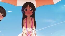 3girls age_difference akagi_miria animated beach beach_umbrella bikini black_hair blonde_hair blush brown_eyes brown_hair cameltoe clothes_pull day dorokuma female_focus flat_chest gluteal_fold green_eyes hair_ornament hair_ribbon hairdressing highres huge_filesize idolmaster idolmaster_cinderella_girls legs loli long_hair looking_at_viewer medium_hair multiple_girls navel nipples one-piece_swimsuit open_mouth outdoors presenting ribbon sakurai_momoka short_twintails sky slingshot_swimsuit smile sound spread_legs standing string_bikini swimsuit tachibana_arisu thighs twintails umbrella uncensored video wedgie