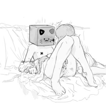 Rule 34 | !, 2girls, blush, box, cardboard box, cuptoast, dual persona, fingering, heart, multiple girls, noir.empty4, pasties, self, set, simple background, sketch, spoken heart, trembling, white background, youtube, yuri