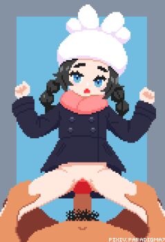 1boy 1girl animated animated_gif ansha_(pokemon) black_coat black_hair blue_eyes bottomless coat hat hetero loli male_pubic_hair nintendo paradigma7 pink_scarf pixel_art pokemon pokemon_legends:_z-a pubic_hair pussy scarf sex vaginal white_hat