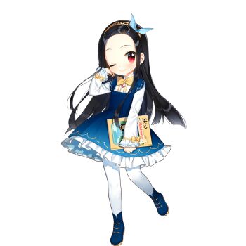 1girl aged_down ankle_boots aqua_bow black_hair blue_boots blue_dress boots bow bowtie clarice_lapis closed_mouth dress forehead frilled_dress frills gold_hairband hair_bow hairband holding holding_notebook long_hair notebook one_eye_closed pantyhose red_eyes salt_(salty) shirt smile uchi_no_hime-sama_ga_ichiban_kawaii white_pantyhose white_shirt yellow_bow yellow_bowtie