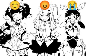 3girls angry backpack bag bandaid bandaid_hair_ornament bare_shoulders black_sclera black_skirt blunt_bangs blush bow bowtie chinatsu_remiel choker colored_sclera commentary earrings hair_ornament hairpin halo heisei_retro highres humanoid_robot jewelry leg_warmers light_smile long_hair looking_at_viewer monochrome multiple_girls multiple_hairpins musical_note_earrings robot robot_girl rokudu_sariel short_sleeves side_ponytail simple_background skirt symbol-only_commentary thighhighs user_fere2824 wavy_mouth white_background y2k_fashion yutane_johiel zenless_zone_zero