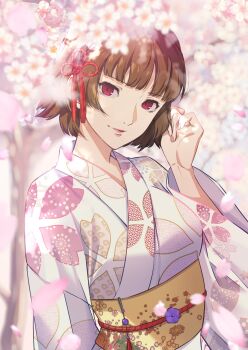 1girl absurdres blurry blurry_background blurry_foreground braid breasts brown_hair cherry_blossoms closed_mouth commentary crown_braid depth_of_field english_commentary falling_petals floral_print floral_print_kimono flower_knot hair_ornament hand_up head_tilt highres japanese_clothes kimono long_hair looking_at_viewer medium_breasts niijima_makoto obi obijime persona persona_5 petals pink_petals playing_with_own_hair print_kimono red_eyes sash short_hair smile solo tassel tassel_hair_ornament upper_body wanderstillart white_kimono wide_sleeves yellow_sash