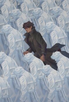 6+boys absurdres black_coat black_hair coat color_contrast head_down highres male_focus multiple_boys multiple_persona omniscient_reader&#039;s_viewpoint open_clothes open_coat popped_collar running short_hair too_many_clones umbrvx white_coat white_hair wind wind_lift yoo_joonghyuk