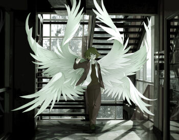 1boy angel_wings black_eyes brown_hair brown_jacket brown_pants brown_shoes brown_sweater collared_shirt commentary dark_matter_(kakine_teitoku) day feathered_wings full_body grey_theme grin hair_between_eyes hand_up indoors jacket kakine_teitoku long_sleeves looking_at_viewer medium_hair multiple_wings open_clothes open_jacket open_shirt pants photo_background school shadow shirt shoes smile solo spread_wings stairs standing sweater toaru_majutsu_no_index vilatile white_shirt white_wings wings