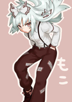 Rule 34 | 1girl, boots, bow, brown boots, character name, closed mouth, collared shirt, commentary, fujiwara no mokou, grey hair, hair bow, hands in pockets, long hair, long sleeves, multiple hair bows, ofuda, ofuda on clothes, oninamako, pants, red eyes, red pants, shirt, suspenders, touhou, translated, very long hair, white shirt