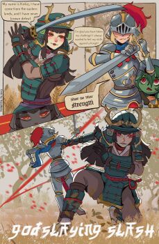 3girls absurdres armor basedbinkie black_hair blonde_hair blush brown_eyes colored_skin comic cuirass english_text eye_trail eyeshadow flayne_(basedbinkie) full_armor gauntlets green_hair green_skin hair_between_eyes helmet highres holding holding_sword holding_weapon japanese_armor kabuto_(helmet) katana keiko_matsumori_(basedbinkie) knight light_trail long_hair looking_up makeup multiple_girls original parted_lips pauldrons petals red_eyes red_eyeshadow samurai sancha_gobzales_(basedbinkie) shoulder_armor smile sode speech_bubble sword visor_(armor) weapon