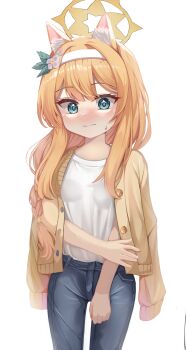 Rule 34 | 1girl, absurdres, alternate costume, animal ears, black pants, blue archive, blue eyes, blush, breasts, cardigan, cardigan on shoulders, cat ears, cat girl, closed mouth, cowboy shot, denim, flower, hair flower, hair ornament, hairband, highres, jeans, long hair, long sleeves, looking at viewer, mari (blue archive), orange hair, pants, rate aato, simple background, small breasts, white background, white hairband, yellow cardigan