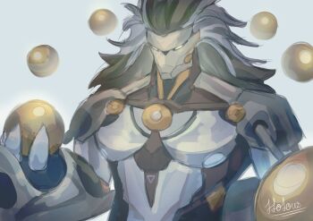 1boy absurdres artist_name banyue_(zenless_zone_zero) bara commentary english_commentary fishy_white grey_hair highres holding_orb long_hair orb robot_boy upper_body zenless_zone_zero