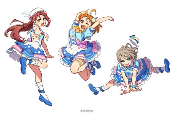 3girls ahoge arms_up blue_eyes blush bow bowtie brown_hair commentary_request dress flower frills grey_hair hair_flower hair_ornament hat high_heels highres hotechige kimi_no_kokoro_wa_kagayaiteru_kai? leg_up long_hair love_live! love_live!_sunshine!! multiple_girls necktie one_eye_closed open_mouth orange_hair red_eyes red_hair sakurauchi_riko short_hair simple_background skirt smile socks split spread_legs takami_chika thighs watanabe_you white_background