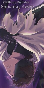 1boy absurdres aizen_sousuke black_bodysuit bleach bleach:_sennen_kessen-hen bodysuit brown_eyes brown_hair character_name commentary_request dutch_angle eyepatch hand_up happy_birthday highres looking_at_viewer male_focus nose one_eye_covered parted_lips purple_background short_hair simple_background solo tanitani1229 upper_body upside-down