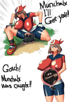 1girl alternate_breast_size_(larger) ass bandana blue_eyes blush bodypaint breasts brown_hair censored deep_penetration empty_eyes english_text female_pervert forced gen_4_pokemon gloves grass heart heart-shaped_pupils highres hotsaurus huge_breasts long_hair looking_at_another may_(pokemon) munchlax nintendo nipples object_insertion open_mouth pervert poke_ball_symbol pokemon pokemon_rse pussy sequential shiny_clothes shiny_skin shorts spread_legs squatting steaming_body stomach_bulge surprised symbol-shaped_pupils torn_clothes unbirthing vaginal vaginal_object_insertion what wide_hips x-ray