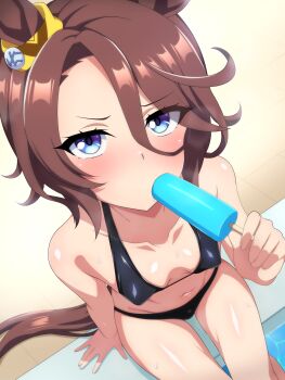 1girl animal_ears bikini black_bikini blue_eyes breasts brown_hair ear_ornament feet_out_of_frame food food_in_mouth from_above hair_between_eyes highres horse_ears horse_girl horse_tail ice_nine loli looking_at_viewer narita_taishin_(umamusume) poolside popsicle popsicle_in_mouth short_hair small_breasts solo swimsuit tail umamusume