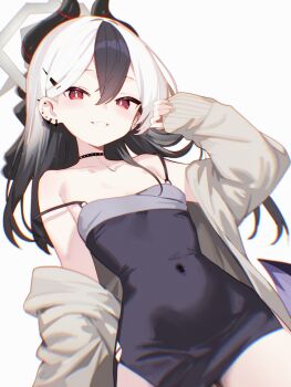 1girl absurdres black_choker black_dress black_hair black_horns blue_archive blush breasts choker collarbone covered_navel demon_horns diamond_necklace double_strap_slip dress ear_piercing from_below grey_halo grey_jacket grin hair_between_eyes halo hand_up highres horns jacket jacket_partially_removed kayoko_(blue_archive) kayoko_(dress)_(blue_archive) long_hair looking_at_viewer multicolored_hair nyarnya official_alternate_costume open_clothes open_jacket piercing purple_wings red_eyes simple_background single_sleeve_past_wrist single_wing small_breasts smile solo strap_slip studded_choker two-tone_hair white_background white_hair wings