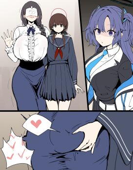 3girls 3koma absurdres artistic_error ass black_hair black_halo black_shirt black_skirt blue_archive blue_eyes blue_necktie blue_skirt braid breasts bright_pupils brown_eyes brown_hair closed_mouth collared_shirt comic doodle_sensei_(blue_archive) female_sensei_(blue_archive) grabbing_another&#039;s_ass groping halo hand_up heart highres huge_breasts jacket large_breasts long_hair long_sleeves looking_at_viewer multiple_girls necktie netorare off_shoulder ohitome_kohane open_clothes open_jacket open_mouth original paper_on_head project_kv purple_hair red_halo school_uniform sensei_(blue_archive) shaded_face shirt single_braid skirt smile spoken_heart stealth_ass_grab waving white_pupils white_shirt xipa yuri yuuka_(blue_archive)