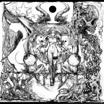 2girls boots breasts closed_eyes closed_mouth crossed_legs detached_sleeves disembodied_eye dissolving eyeball flesh floating_hair greyscale highres long_hair long_sleeves looking_at_viewer medium_breasts missing_eye monochrome multiple_girls navel no_nipples nude original pon_(tab_rasa) print_veil projected_inset skull standing star_(symbol) star_print tentacles thigh_strap veil watson_cross