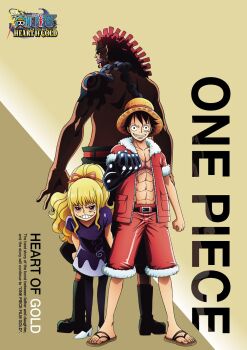 00s 1girl 2boys abs black_hair blonde_hair clenched_hand dark-skinned_female dark_skin dress full_body grin haki_(one_piece) long_hair mad_treasure monkey_d._luffy multiple_boys official_art olga_myskina one_piece one_piece_heart_of_gold petals red_eyes red_hair short_hair signature simple_background smile smug sunglasses toei_company