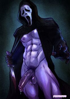 1boy abs absurdres artist_name bara black_coat black_gloves blood bloody_knife bloody_weapon chest_hair coat flaccid ghostface gloves highres holding holding_knife holding_weapon hood hood_up hooded_coat knife large_pectorals long_coat male_focus male_pubic_hair mask muscular muscular_male navel nipples nude open_clothes open_coat pectorals penis phausto pubic_hair scream_(movie) solo thick_thighs thighs uncensored weapon