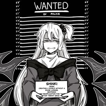 1girl @_@ absurdres angel bow character_name dress facing_viewer greyscale hair_bobbles hair_ornament hayoibu height_chart height_mark highres holding holding_sign long_hair long_sleeves looking_to_the_side monochrome mugshot multiple_wings one_side_up shinki_(touhou) sign solo touhou touhou_(pc-98) upper_body wide_sleeves wings