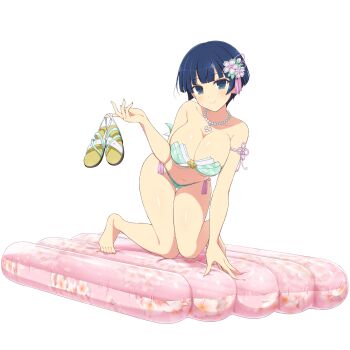 1girl armband bikini blue_hair bowl_cut breasts cleavage closed_mouth dolphin_wave floral_print floral_print_bikini flower game_cg green_bikini green_eyes hair_flower hair_ornament highleg highleg_bikini highres holding holding_sandals inflatable_raft jewelry large_breasts leaning_forward looking_at_viewer navel necklace non-web_source official_alternate_costume pearl_necklace pool_float power_fist print_bikini sandals senran_kagura senran_kagura_new_link short_hair skindentation smile solo strapless strapless_bikini swimsuit transparent_background unworn_sandals yozakura_(senran_kagura)
