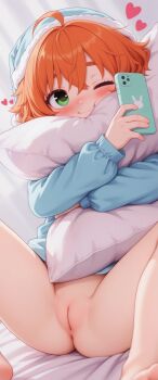 1girl :t ;) absurdres ahoge ai-assisted anus ass barefoot bed bed_sheet bedroom blurry blurry_background blush bottomless camera cellphone cheek_press cleft_of_venus closed_mouth covering_breasts covering_crotch covering_privates crossed_bangs face_in_pillow feet feet_up female_focus flat_chest freckles green_eyes hair_between_eyes happy hat heart highres hina_kurosawa holding holding_pillow hug hugging_object incredibly_absurdres indoors knees_up legs_up loli looking_at_viewer lying nightcap on_bed one_eye_closed orange_hair original paid_reward_available pajamas perspective phone pillow pillow_grab pillow_hug pom_pom_(clothes) pov presenting pussy seductive_gaze seductive_smile self-upload selfie sexually_suggestive short_hair simple_background sleepwear smile soles solo solo_focus spread_legs taking_picture thighs toes wink