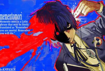 Rule 34 | 1boy, black coat, black eyes, black hair, blood, blood splatter, character request, check character, check copyright, coat, collared shirt, commentary, copyright request, english commentary, english text, finger gun, finger gun to head, grin, headshot, highres, kaykkoi, looking at viewer, male focus, neck ribbon, partially shaded face, persona, persona 3, red eyes, ribbon, shirt, short hair, smile, solo, suicide, white shirt, yuuki makoto (persona 3)