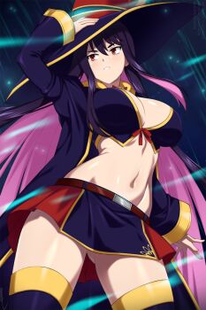 1girl arm_up belt breasts commentary contrapposto english_commentary gluteal_fold hair_between_eyes hat highres large_breasts lindaroze long_hair long_sleeves looking_to_the_side multicolored_hair navel parted_lips pink_hair puffy_sleeves purple_hair red_eyes sentai_red_ga_isekai_de_boukensha_ni_naru skirt solo thighhighs thighs twitter_username two-tone_hair very_long_hair watermark web_address witch_hat yihdra_arvoln