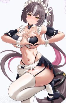 1girl absurdres animal_ears apron armanditto bikini black_garter_straps black_shoes bow breasts brown_hair chisaka_airi collarbone colored_inner_hair commentary commission english_commentary flower garter_straps heart heart_hands highres large_breasts long_hair maid maid_bikini multicolored_hair navel phase_connect pink_hair shoes solo stomach swimsuit tail thighhighs twitter_username two-tone_hair unconventional_maid virtual_youtuber waist_apron white_bow white_flower white_hair white_thighhighs white_wrist_cuffs wolf_boy wolf_ears wolf_tail wrist_cuffs yellow_eyes