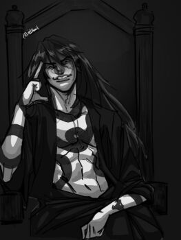 1boy abs black_eyes black_hair black_shirt cowboy_shot elbow_rest full-body_tattoo grin hand_on_lap long_hair looking_at_viewer male_focus messy_hair open_clothes open_shirt pectorals sh1fted_1 shadow_slave shirt smile solo sunny_(shadow_slave) tattoo throne toned toned_male