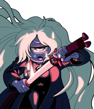 1girl blue_skin coat colored_skin cyclops discount-supervillain fingernails gem_(steven_universe) katana long_hair one-eyed ruby_(steven_universe) sapphire_(steven_universe) simple_background solo steven_universe sword thick_lips weapon zipper_pull_tab